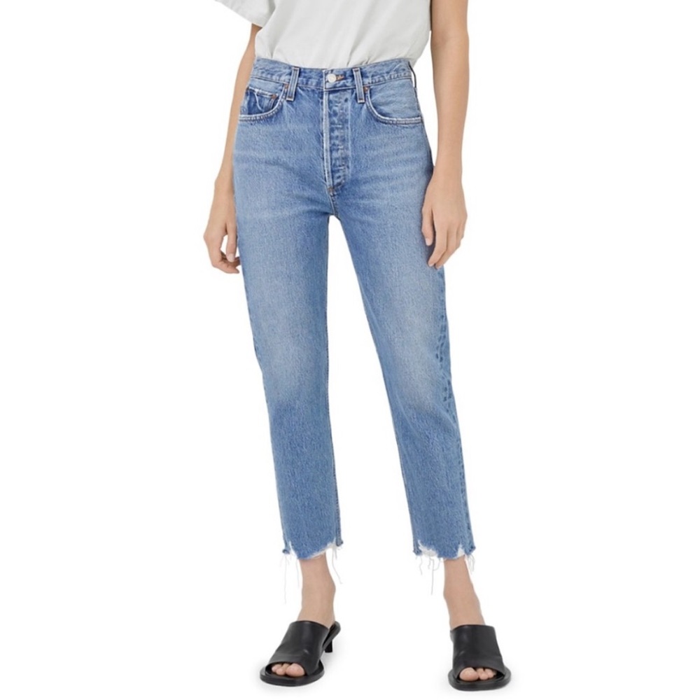 AGolde Riley High Rise Denim 100% Cotton Button Fly Raw Hem Light Wash Jeans 25